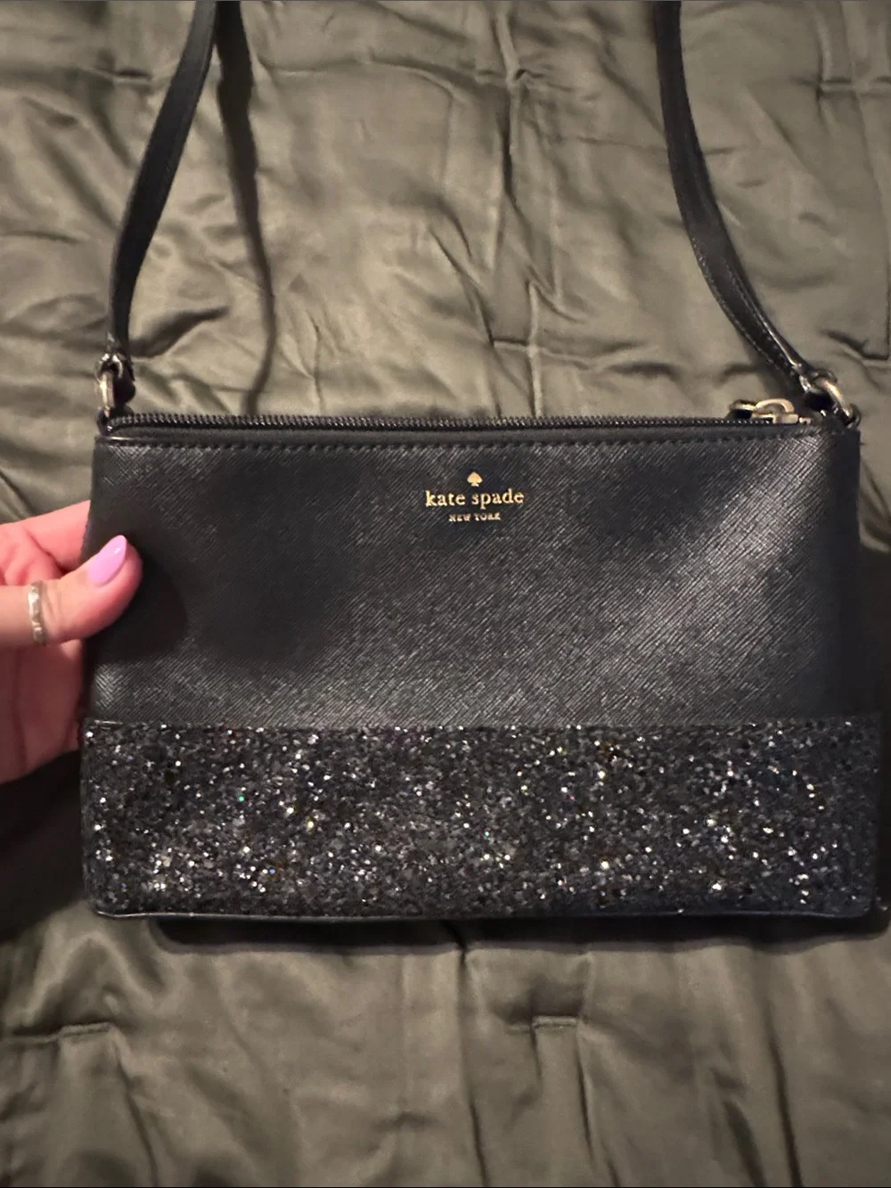 kate spade black crossbody with glitter trim